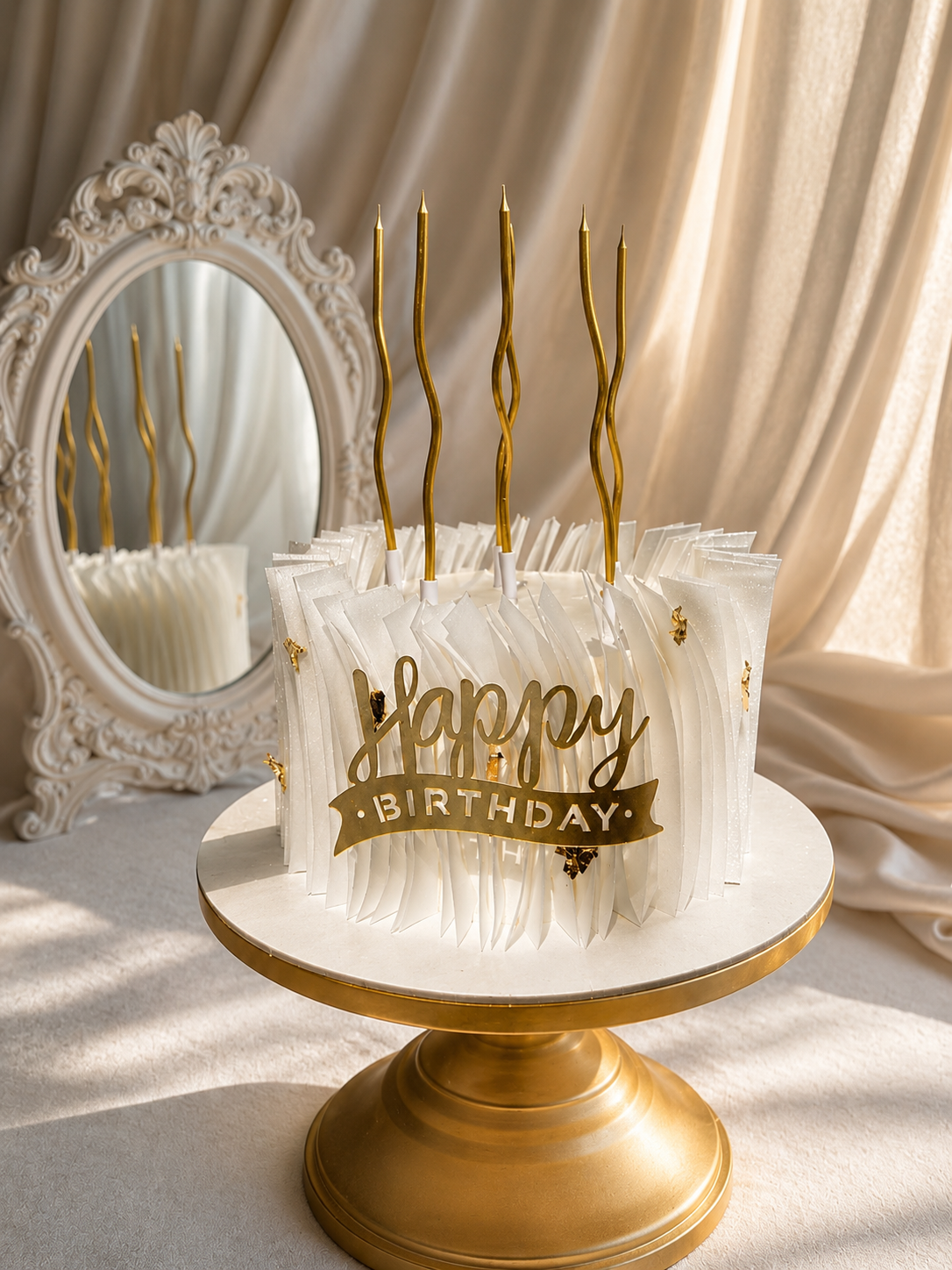 Tortë e bardhë elegante me qirinj ari dhe mbishkrim Happy Birthday