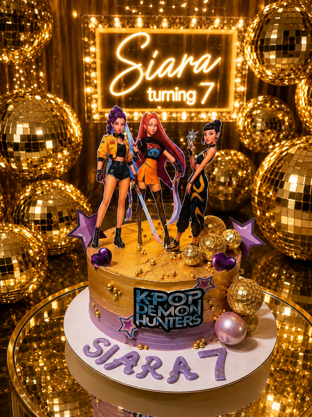Tortë ari dhe vjollcë me temë K-Pop për ditëlindje fëmijësh në Fier